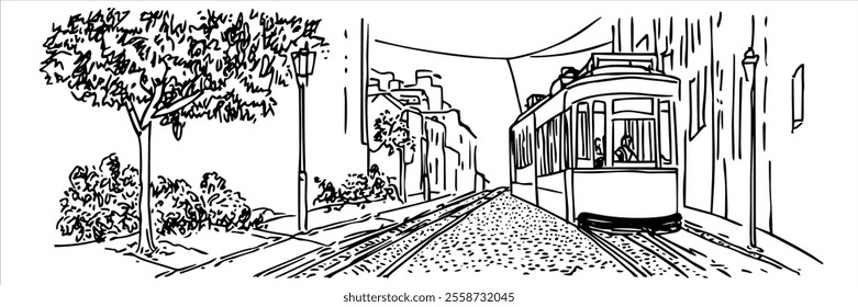 tram on the cobbled streets of Lisbon city panorama hand drawing doodle hatching vector sketch