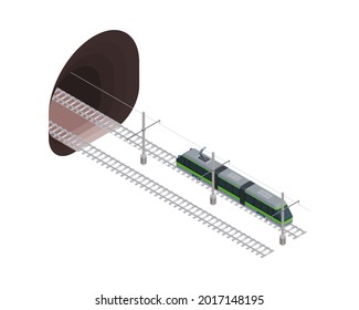 un tranvía en los raíles conduce a un túnel oscuro. vector de imagen de estilo isométrico