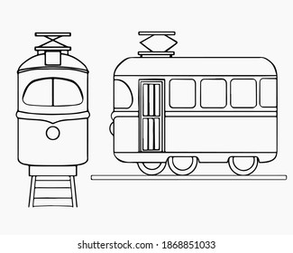 Tram on rails front and side view. Vector line drawing.