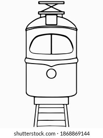 Tram on rails front view. Vector line drawing.