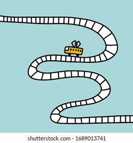 Tram on railway driving hand drawn vector illustration in cartoon comic style road way print poster card