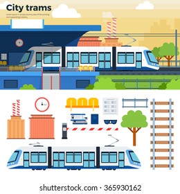 Tram on the street in the town vector flat illustrations. View of street with a tram on the station, urban  tools, tram, tickets, phone, bench and isolated on white background