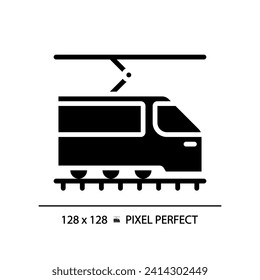 Tram pixel perfect black glyph icon. Tramway train. Urban transport. Light rail vehicle. Modern streetcar. Silhouette symbol on white space. Solid pictogram. Vector isolated illustration