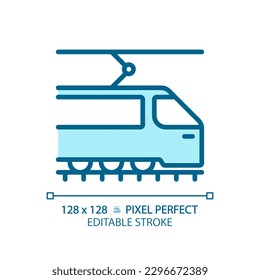 Tram pixel perfect blue RGB color icon. Tramway train. Urban transport. Light rail vehicle. Modern streetcar. Isolated vector illustration. Simple filled line drawing. Editable stroke