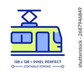 Tram pixel perfect line color icon. Streetcar public vehicle. Passenger transportation in urban area. Light rail. Isolated vector illustration. Flat colorful symbol design. Editable stroke