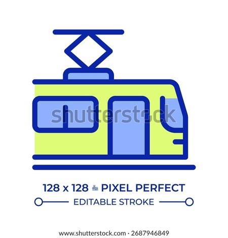 Tram pixel perfect line color icon. Streetcar public vehicle. Passenger transportation in urban area. Light rail. Isolated vector illustration. Flat colorful symbol design. Editable stroke