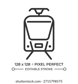 Icono de línea perfecta de píxeles de tranvía. Tranvía que conduce a lo largo del tren ligero. Transporte público eléctrico. Vehículo de pasajeros. Ilustración vectorial aislada. Símbolo de contorno. Dibujo lineal simple. Trazo editable