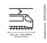 Tram pixel perfect linear icon. Tramway train. Urban transport. Light rail vehicle. Modern streetcar. Thin line illustration. Contour symbol. Vector outline drawing. Editable stroke