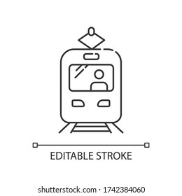 Tram Pixel Perfect Linear Icon. Rapid Transit. Commuter On Train Stop. Fast Transportation. Thin Line Customizable Illustration. Contour Symbol. Vector Isolated Outline Drawing. Editable Stroke
