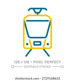 Tram pixel perfect two color line icon. Streetcar driving along light railway. Electric public transport bicolor outline symbol. Duotone linear pictogram. Isolated illustration. Editable stroke