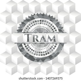 Tram realistic grey emblem with cube white background