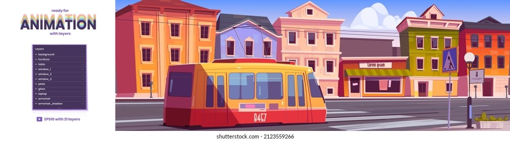 Tram riding on retro city street game background with layers ready for animation. Trolley car on vintage cityscape parallax effect with antique buildings. Cartoon vector urban tramway railway commuter
