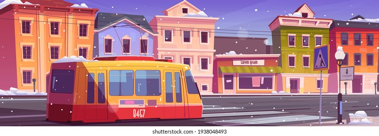 Tram riding on winter retro city street, snow fall