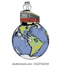 Planeta terrestre para montar en tranvía. Concepto creativo. Esbozo colorido dibujado a mano. Ilustración vectorial aislada.