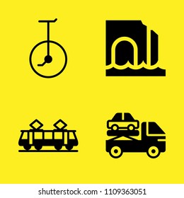 tram, sea cave, crane and unicycle vector icon set. Sample icons set for web and graphic design