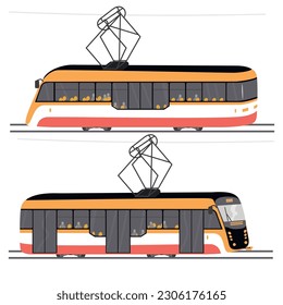 Vista lateral del tranvía en dos direcciones.Transporte eléctrico urbano moderno con pasajeros.vagón para transportar personas en la ciudad.Dibujo de estilo plano vectorial de dibujos animados aislado en fondo blanco.