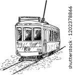Tram sketch. Hand drawn cable car. Retro tram. Picture of old transport. 