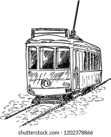 Tram sketch. Hand drawn cable car. Retro tram. Picture of old transport. 