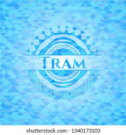 Tram sky blue emblem. Mosaic background