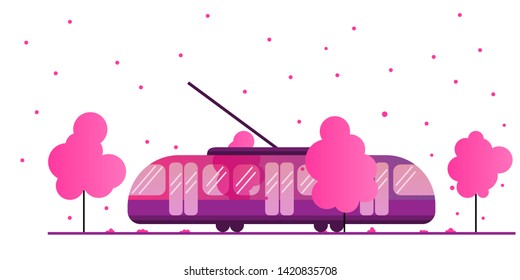 Tram and spring season. Flowering trees and eco-friendly public transport surrounded by nature. Technology and nature. Favorable environment. white background