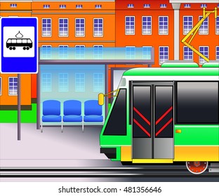 Tram station and tramway stop sign. Vector illustration. Flat style