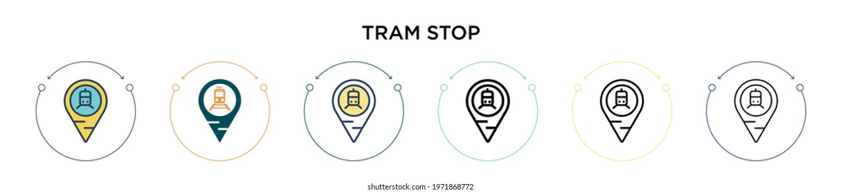 Tram stop icon in filled, thin line, outline and stroke style. Vector illustration of two colored and black tram stop vector icons designs can be used for mobile, ui, web