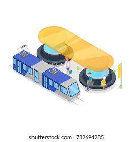 Tram stop isometric 3D icon. City public transport, modern town waiting station, urban and countryside traffic concept with vehicle vector illustration.