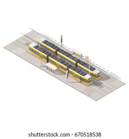 Tram stop isometric icon set vector graphic illustration