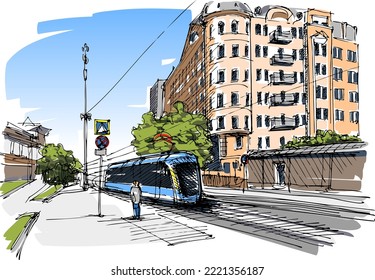 Parada de tranvía en el casco antiguo - dibujo a mano