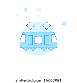 Tram, Street Car Flat Vector Icon. City, Urban, Public Transport Illustration. Light Flat Style. Blue Monochrome Design. Editable Stroke. Adjust Line Weight.