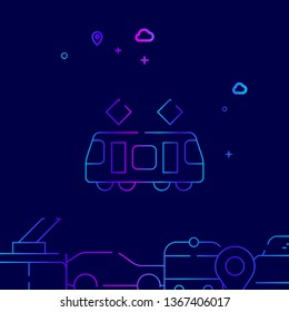 Tram, Street Car Vector Line Illustration. City, Public Transport Gradient Icon, Symbol, Sign. Dark Blue Background. Related Bottom Border.