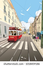 Tram in the street of Lisbon. Portugal. Europe. Hand drawn vector illustration.