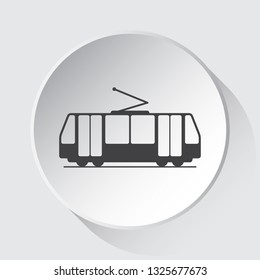 tram, streetcar - simple gray icon on white button with shadow in front of light gray square background
