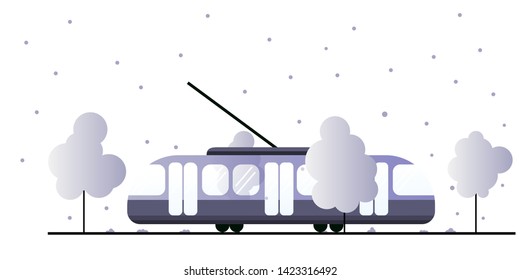 Tram surrounded by nature. Tram lines in an urban environment in winter. Eco-friendly public transport season. Weather and tram. White background