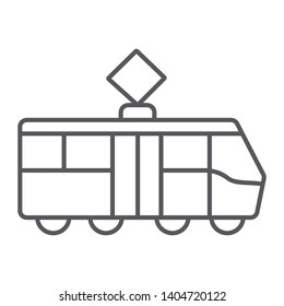 Tram thin line icon, transportation and railway, city tram sign, vector graphics, a linear pattern on a white background, eps 10.