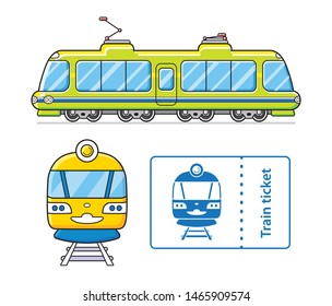 Tram train or electric multiple unit isolated, subway front view, ticket icon.