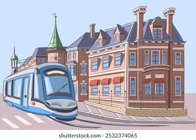 Un tramway parcourt une rue bordée de bâtiments historiques à Amsterdam