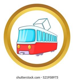 Tram vector icon in golden circle, cartoon style isolated on white background