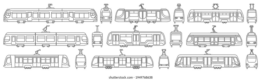 Icono de conjunto de esquema del vector del tranvía. Traslado de ilustración vectorial sobre fondo blanco. Icono de conjunto de esquema aislado.