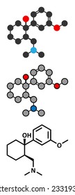 Tramadol opioid analgesic drug molecule. Conventional skeletal formula and stylized representations. 
