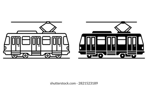 Tramcar icon set vector illustration, tram streetcar electric train public city transit transport line solid glyph icon isolated on white background