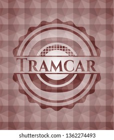 Tramcar red badge with geometric pattern background. Seamless.