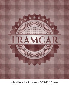 Tramcar red badge with geometric pattern background. Seamless.