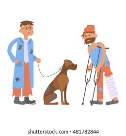 Tramp person with homeless dog in dirty ragsand and Hungry man with leg in a plaster cast, to use crutches. Isolated characters for infographic. Vector illustration eps10