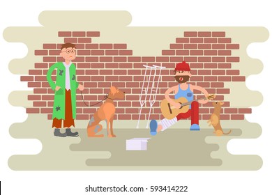 Tramp person with homeless dog in dirty ragsand and Hungry man with leg in a plaster cast, to use crutches. Isolated characters for infographic. Vector illustration eps10