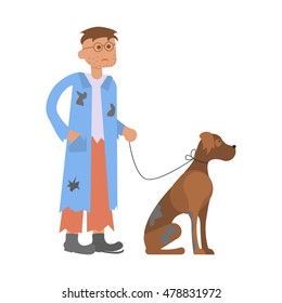 Tramp person. Hungry man with homeless dog in dirty rags. Isolated character bum for infographic. Vector illustration eps10