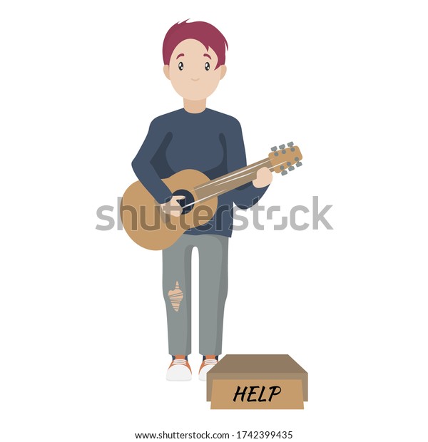 Tramp Poor Homeless Man Guitar Illustration Stock Vektor Royaltyfri 1742399435