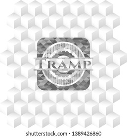 Tramp retro style grey emblem with geometric cube white background