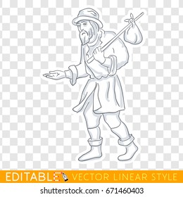 Tramp vagabond homeless. Lower social class in medieval Europe. Editable line sketch. Stock vector illustratio