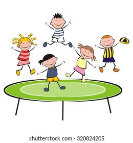 Trampoline and bouncing children. Merry figures. Vector illustration.